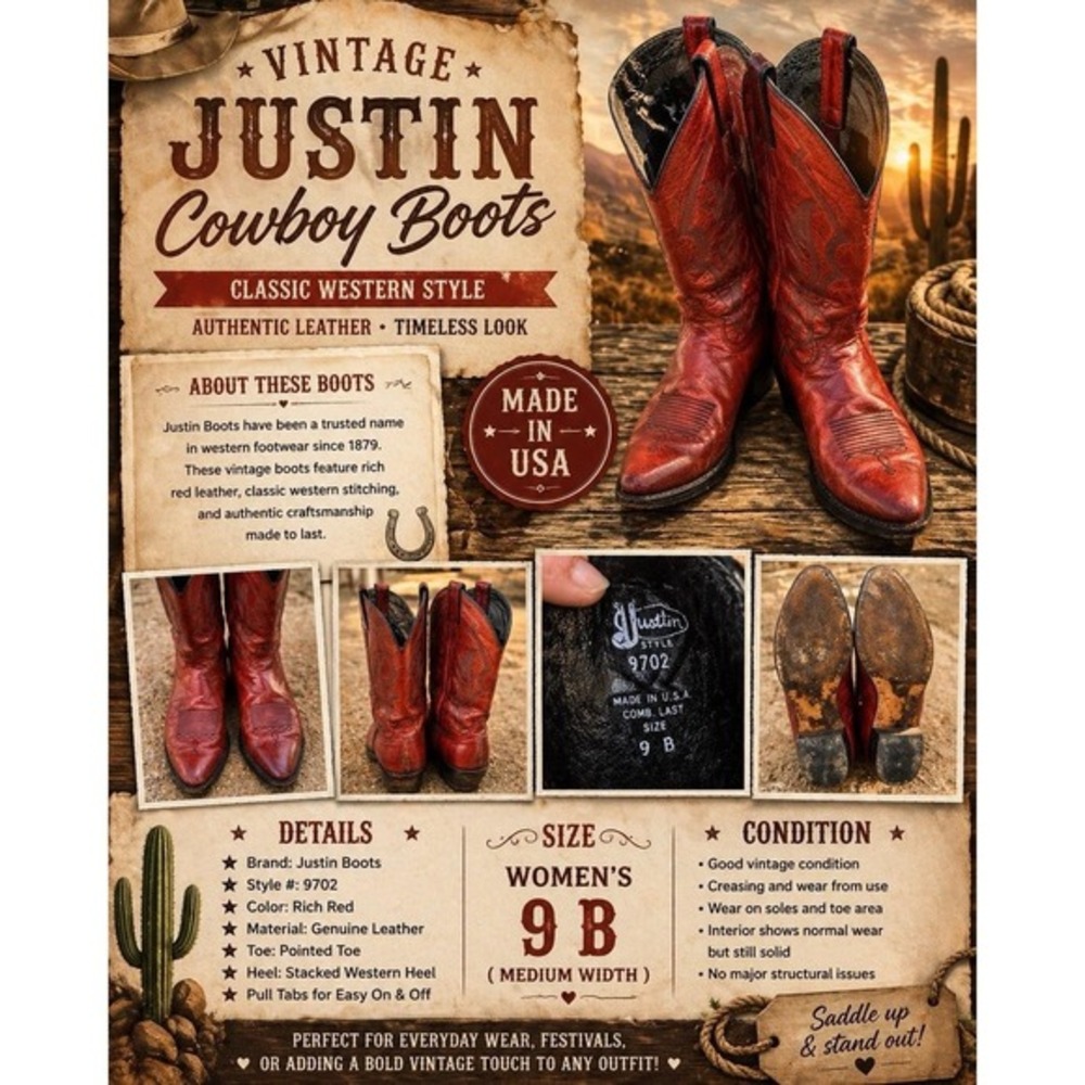 Justin Boots Vintage‎ Womens Size 9 B Red Western Snip Toe Cowboy Concert Rare